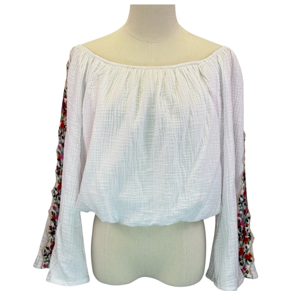 Francesca's Mi Ami White Crinkle Gauze Boho Crop Embroidered Flare Sleeve Size M